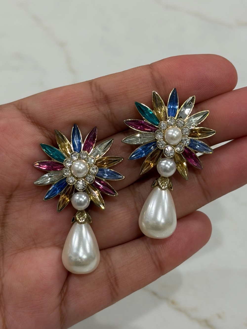 Colorful Crystal Flower Pearl Drop Statement Earrings – Multicolor Rhinestone